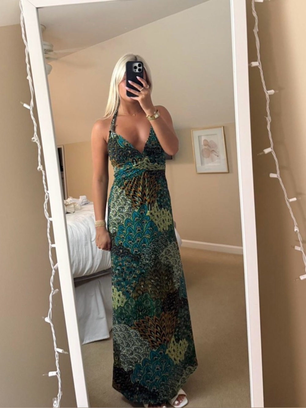 Green Peacock Patterned Maxi Dress - Halter V-Neck